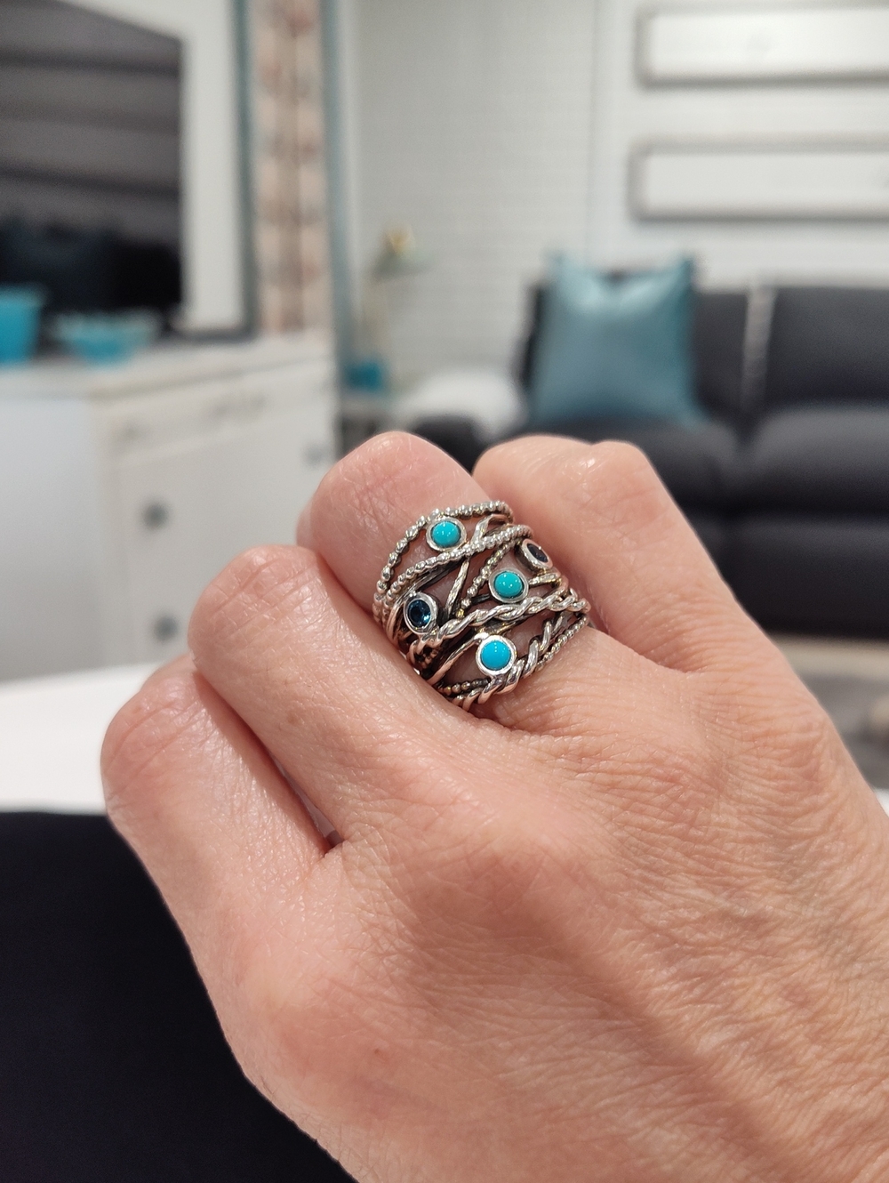 Or Paz Sterling Silver Multi-Row Ring with Turquoise Stones